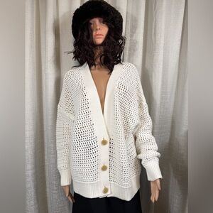 Haven Well Within Open Knit Cardigan Sweater Ivory White XL Button Front
